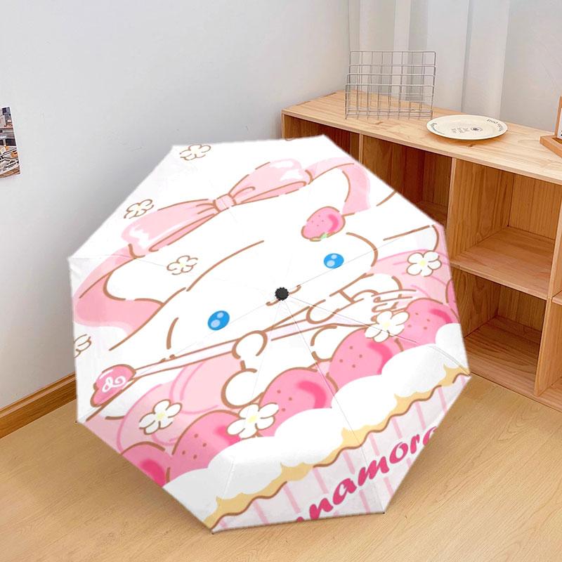 Portable travel umbrella with cute Sanrio character designs, UV-protective folding umbrella.