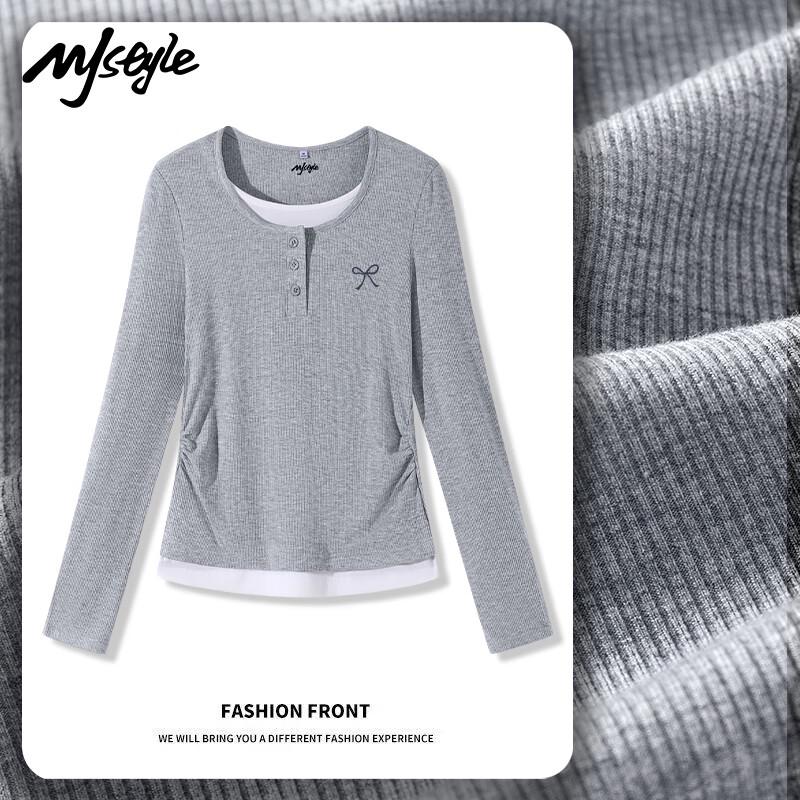 MJ Style Women s Faux Two-Piece Long Sleeve T-Shirt S