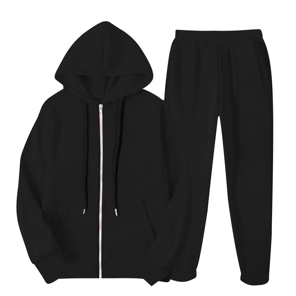 Women's Fashion Hooded Long Sleeve Solid Color Zipper Elastic Waist Loose Sweatshirt Set