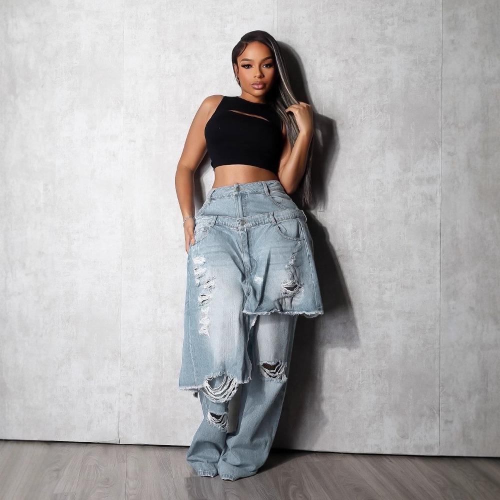 Women's Mid Rise Straight Leg Jeans Loose Fit Patchwork Distressed Denim Pants Streetwear Raw Edge Ripped Trousers