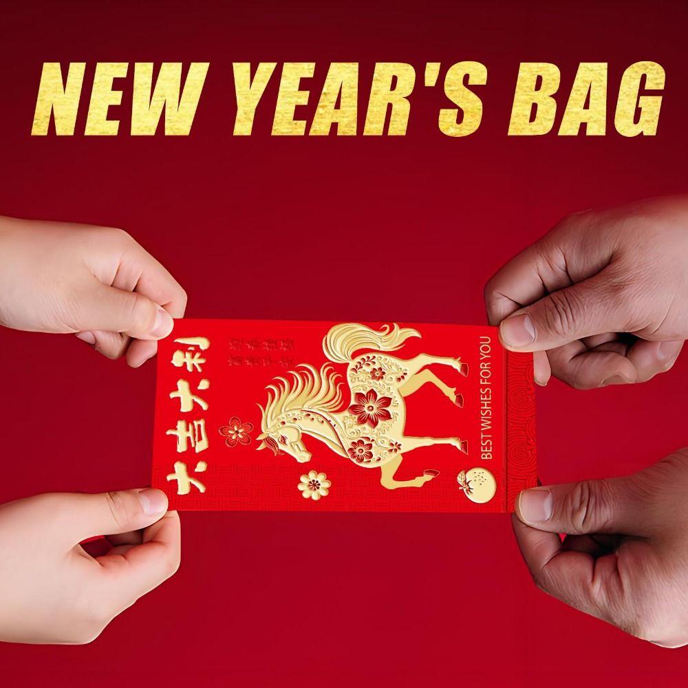 6Pcs Lucky Red Envelopes Chinese Style Gold Foil Design New Year Red Packets New Year Blessing 2026 Luck Money Bag
