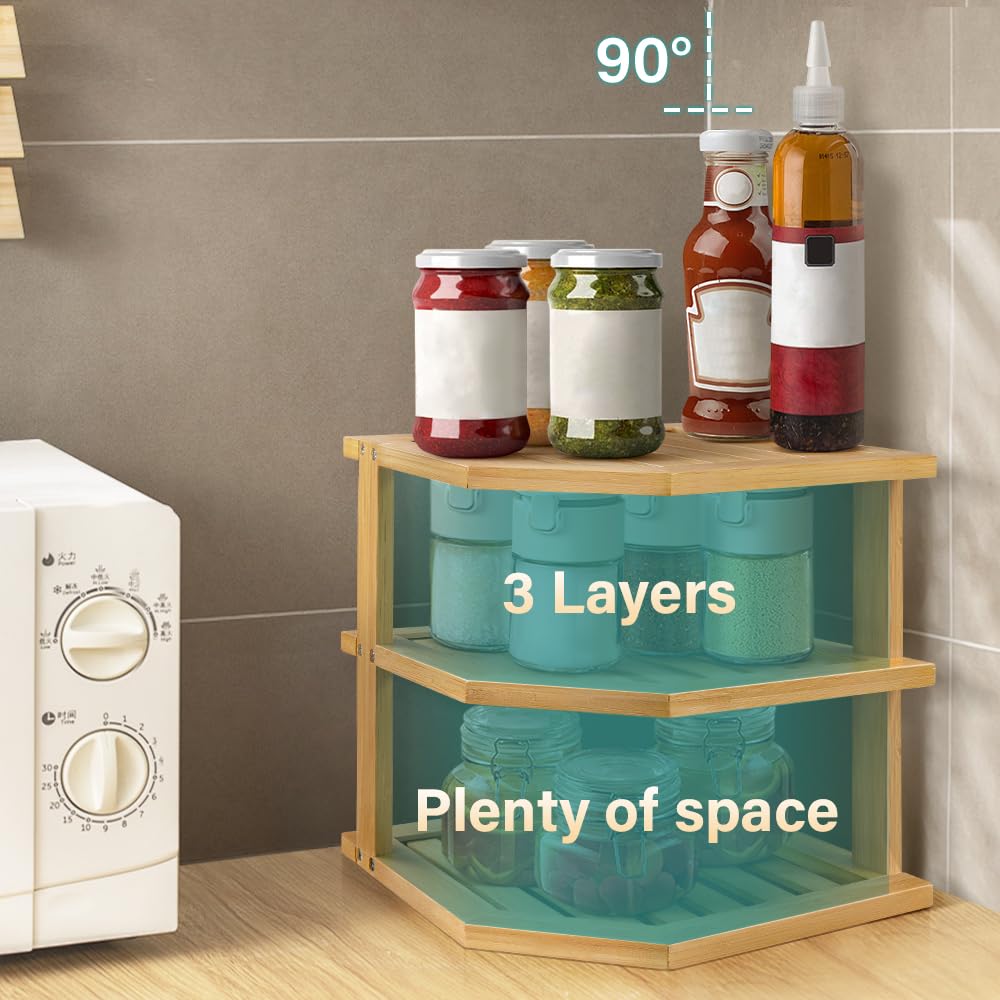 BFTOU Bambus-Tellerorganizer, Küchenschrank-Organizer, 3-stufiges Eck-Arbeitsplattenregal für Teller, Geschirr und Badezimmer-Arbeitsplatten, Natur