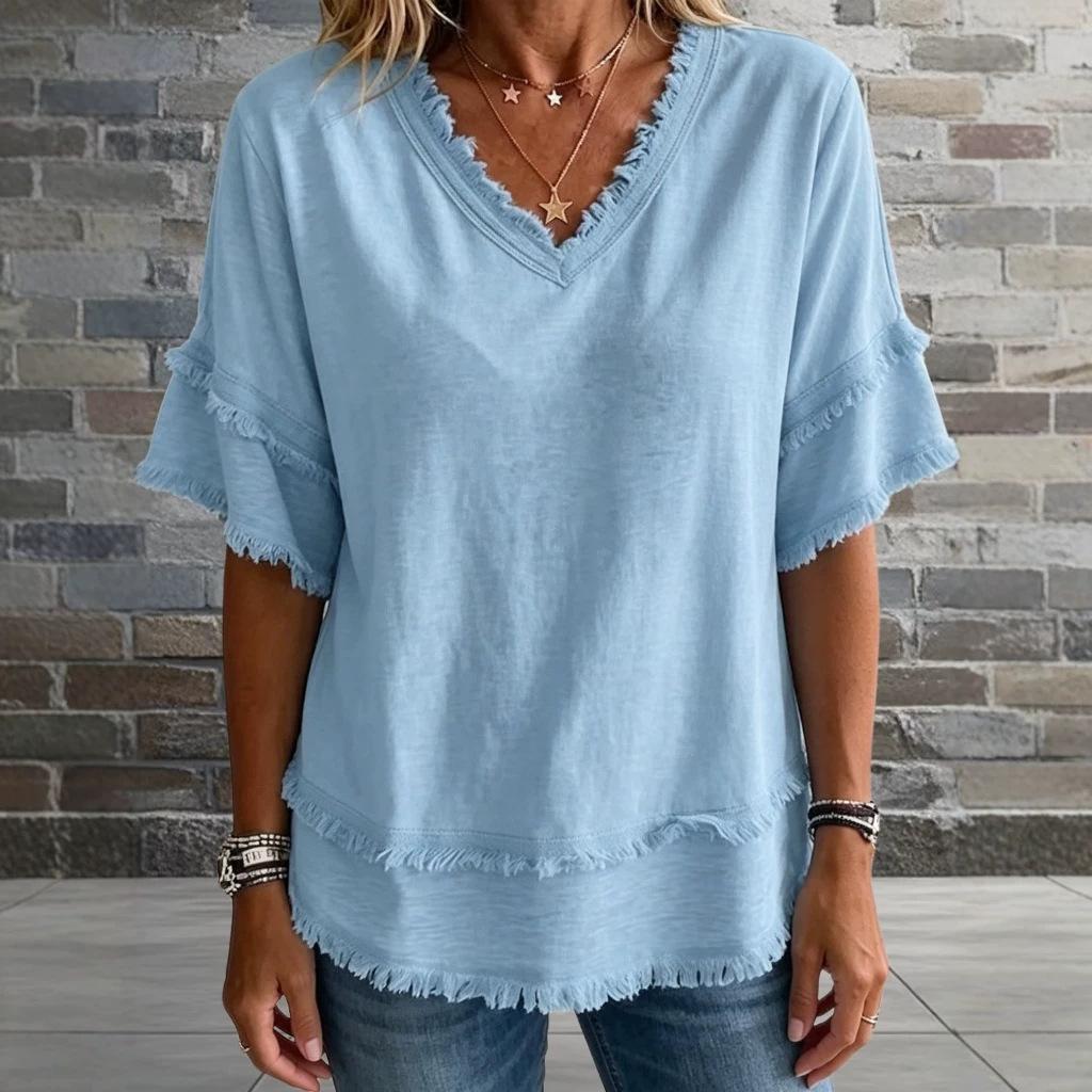 European and American New V-neck Pullover Short-sleeved Loose Women's Shirt Casual Women's Top