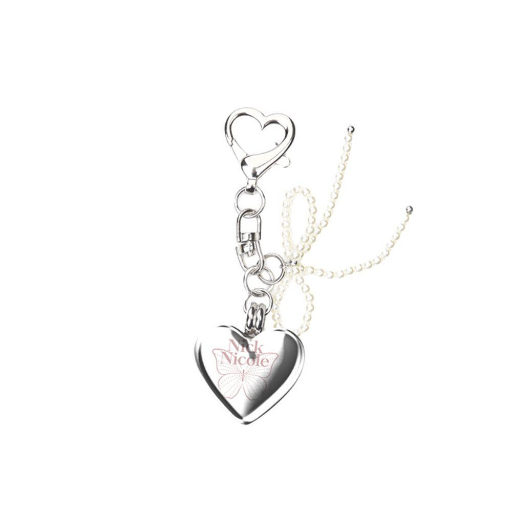 NICK&NICOLE HEART SIGNATURE BUTTERFLY PEARL RIBBON keyring_silver