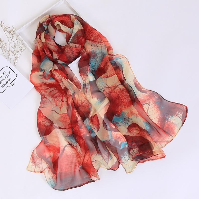2019 Qiaoqi Long Silk Scarf with Leaf Pattern - Sun Protection, Hot Selling Thin Silk Scarf