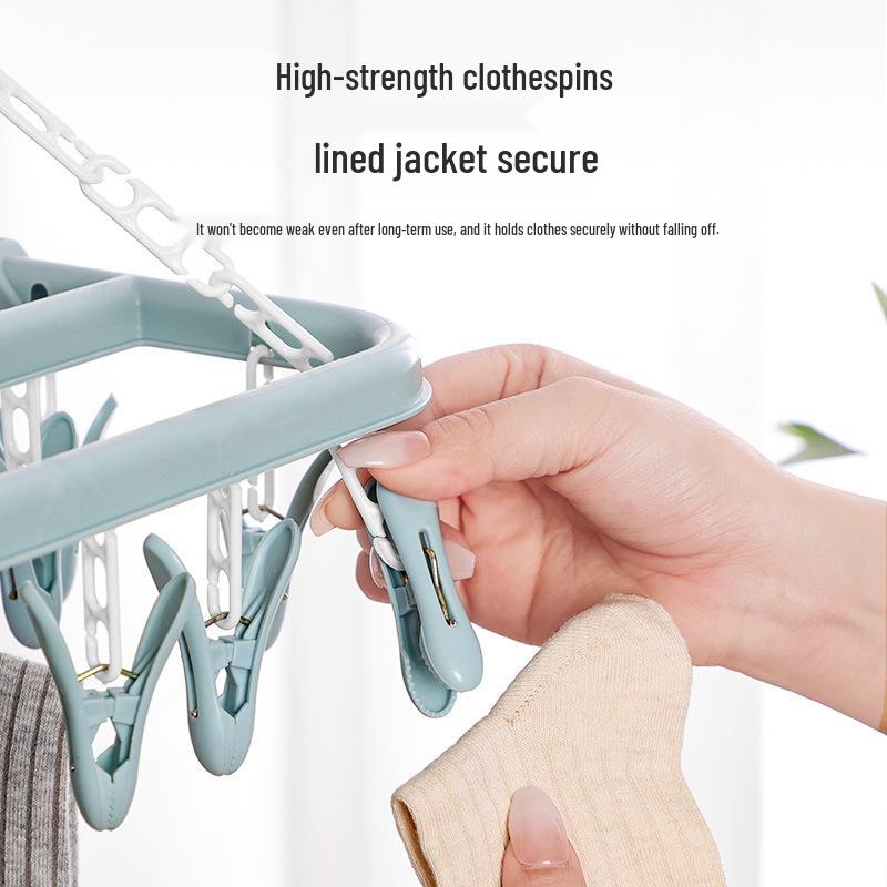 Windproof 32-Clip Plastic Hanger: Multifunctional Clothes & Socks Drying Rack for Adults & Children, Portable and Durable.