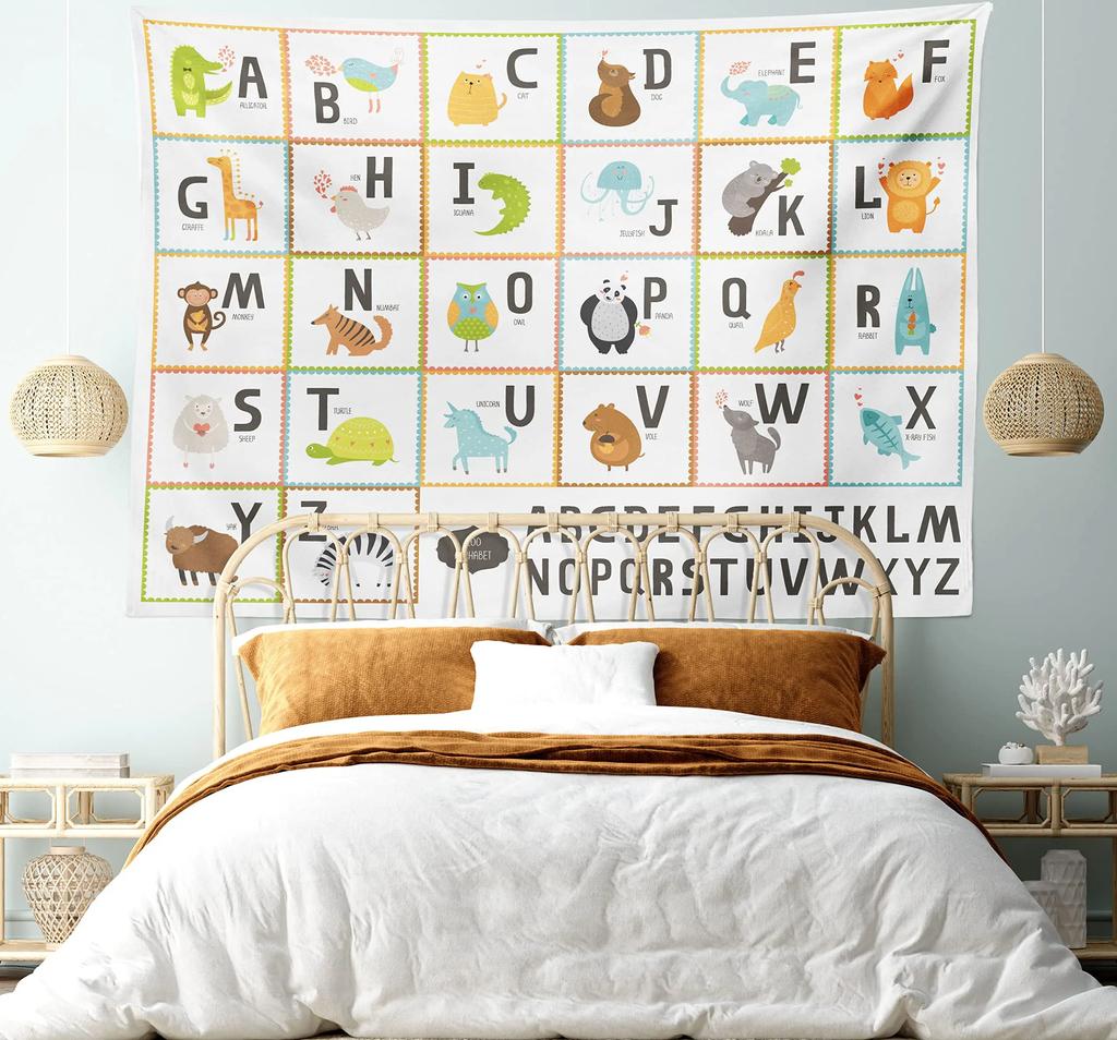 Alphabet Poster Tapestry for Boys Girls Bedroom ABC Learning for Toddlers Cute Dinosaur Art Educational Tapestries Wall Hanging