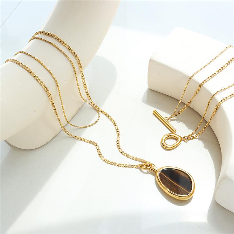 Manufacture Women'S Fashion Minimalist Jewelry Natural Tiger Eye Stone Double Layer Necklace for Sweater Chain Accessories