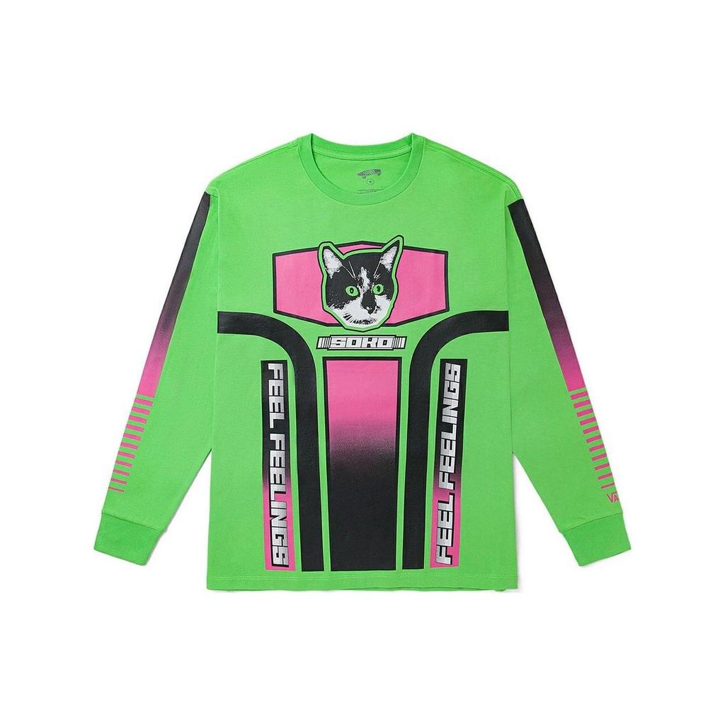 Vans X Sarah Andelman Collaboration SS22 Cartoon Cat Letter Print Crew Neck Pullover Long Sleeve T-Shirt Women Tops Green VN0A7RLQYRO