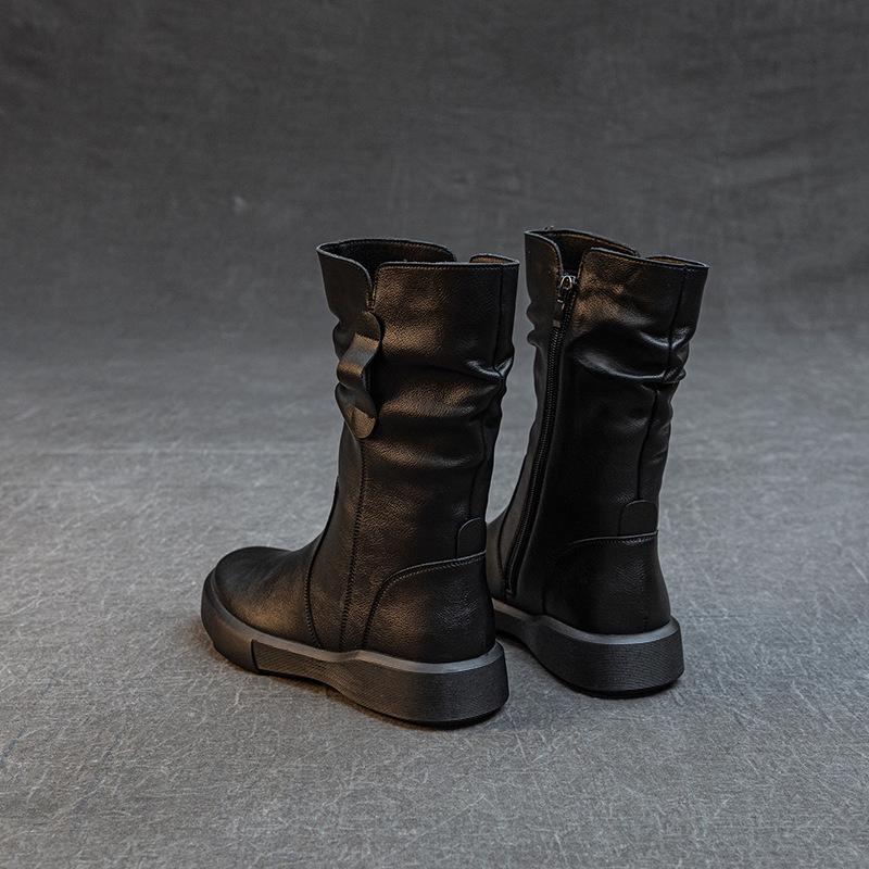 Stylish Women's Genuine Leather Mid-Calf Martin Boots - Versatile, Warm & Thick Soled for Autumn/Winter