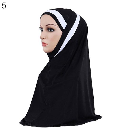 Women Color Block Muslim Soft Hijab Wrap Polyester Islamic Scarf Cap Headwear