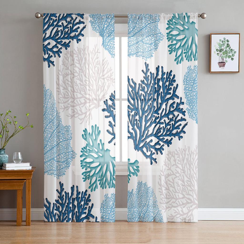 Beach Marine Life Blue Brown Coral Voile Sheer Curtains Living Room Window Tulle Curtain Kitchen Bedroom Drapes Home Decor