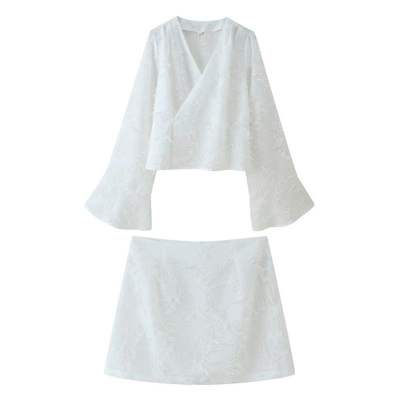 

Kaslead Новое поступление Женская одежда Модный стиль Мода Однотонный Жаккардовый V-образный вырез Рукав три четверти Рубашка Миди Платье Комплект White L