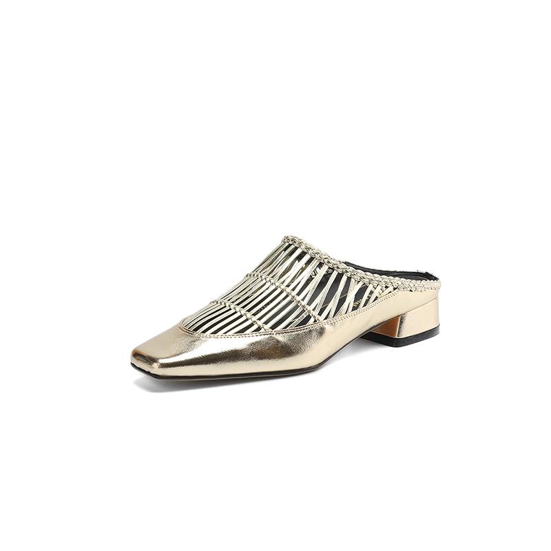 Fashion NEW Summer Women Mules Split Leather Shoes Women Square Toe Chunky Heel Shoes Cover Toe Slingback Sandals Weave Modern Slippers