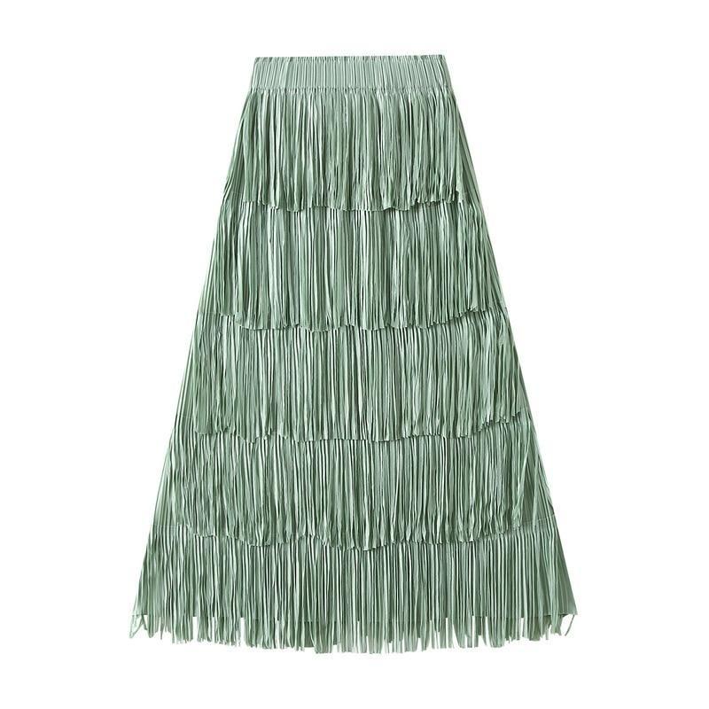 Qooth Women Tassel Splicing Pleated Skirt Elegant Elastic Waist All Match A-line Long Skirt For Spring Summer QT2140