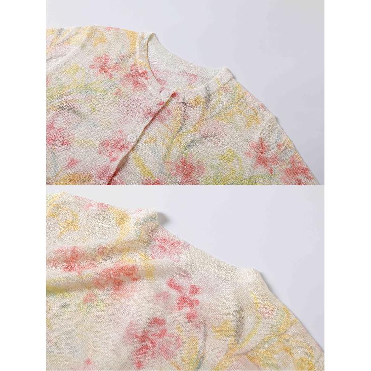 Summer Women's Floral Print Long Sleeve Knit V-Neck Cardigan Lightweight Casual Sweater Jacket Anti-Darkness Design