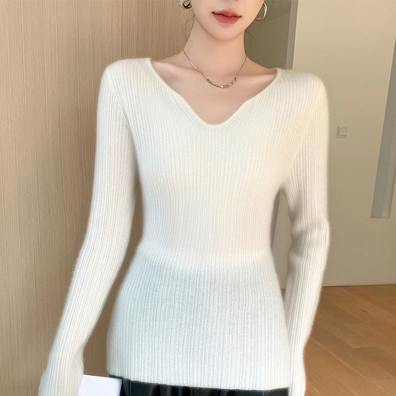Women's Slimming Ribbed Wool V-neck Cashmere Sweater: Solid Color, Long Sleeve, Casual Knitwear
