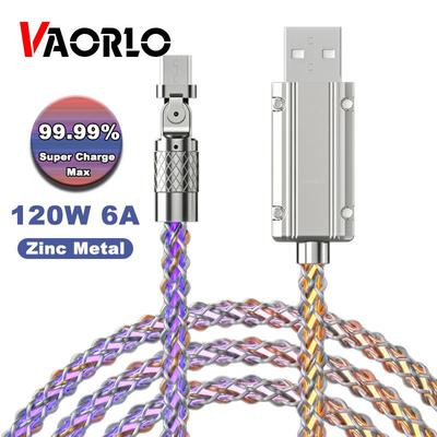 VAORLO 180° drehbares Ladekabel, 120 W, Schnellladeleitung, 6 A, Qucikly Charge RGB-Beleuchtung für Micro Typ C, 8-polig, alles kompatibel