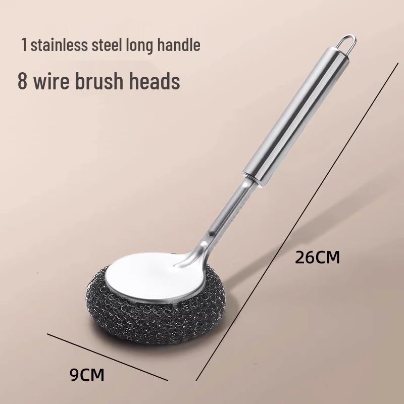 Stainless Steel Long Handle Pot & Bowl Brush with Non-Shedding Wire for Safe Dishwashing