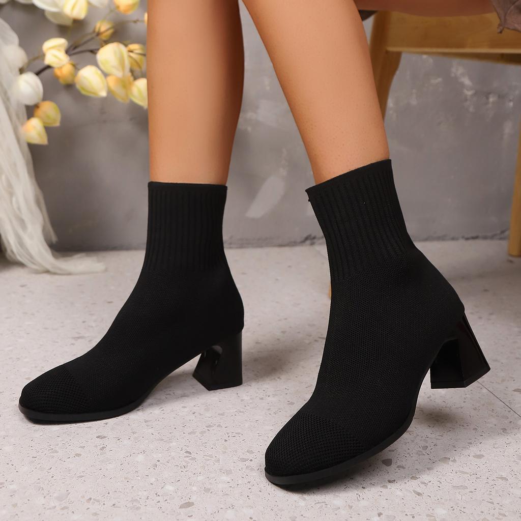 Classic Simple Solid Stretch Sock Boots Women Autumn Elegant Square Toe High Heel Booties Slip On Elastic Knitted Ankle Boots
