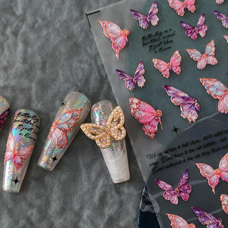 5D Embossed Butterfly Sticker Nail Art Stickers Realistic Relief Blossom Nail Art Decal Rainbow Butterfly Wing Nail Sticker