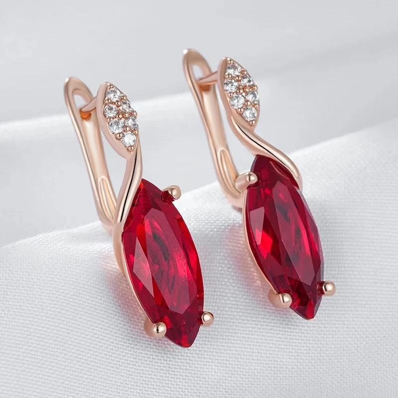 Luxury Gold Color Marquise Red Zircon Twisted Drop Dangle Earrings for Women Party Gift