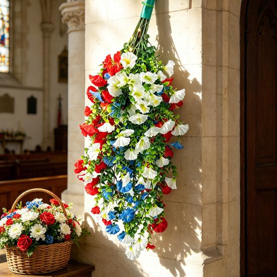 Yousheng Patriotic Hanging Flowers, Artificial Red White Blue Flowers Hanging Basket, Outdoor 4th of July Hanging Flower Basket for Porch Garden Decor