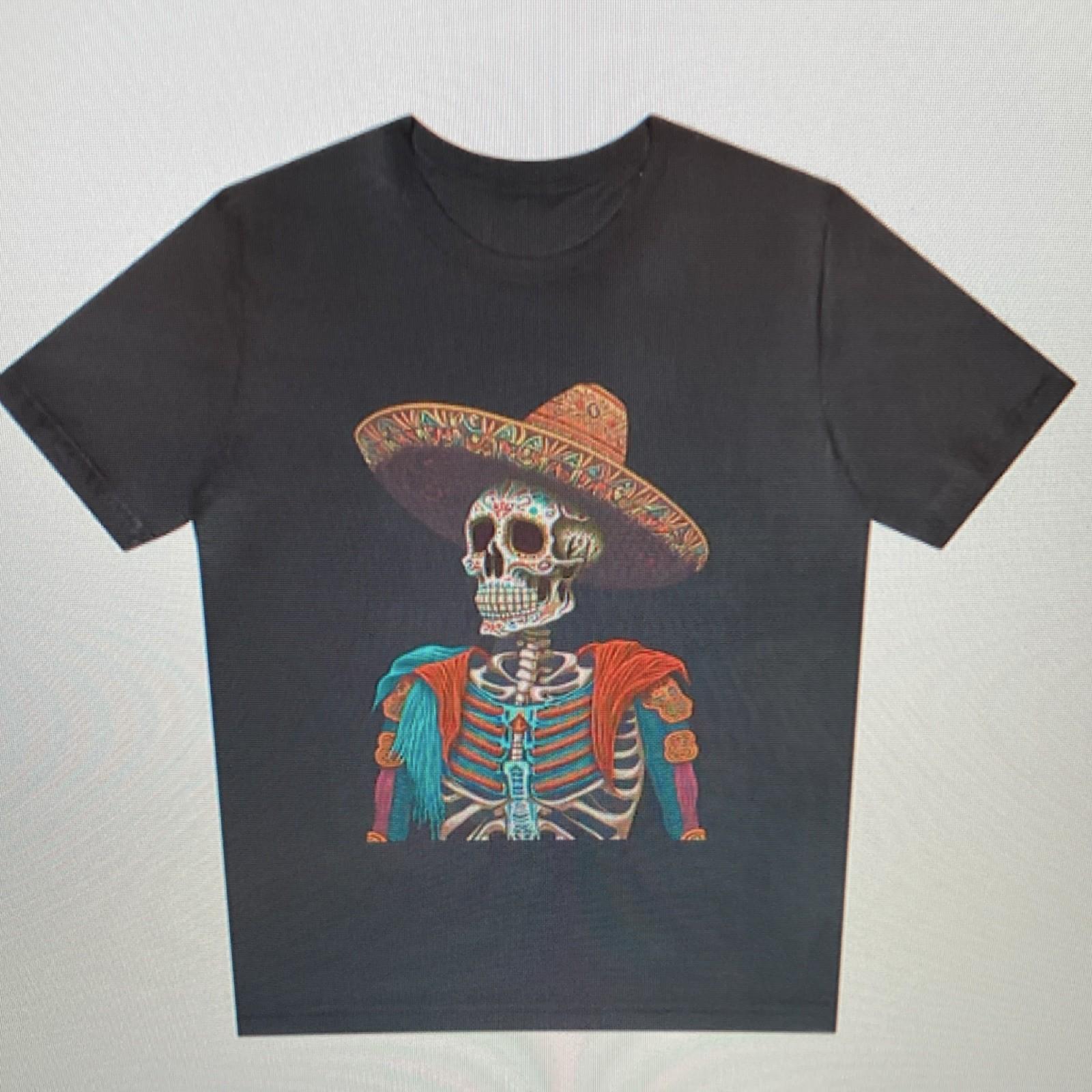 Black Cotton T-Shirt Skeleton Sombrero Graphic Halloween Day of the Dead S разноцветный