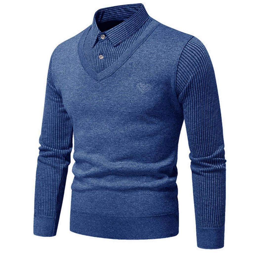 Men's Solid-color Casual Faux Two-piece Striped Pullover Knitted Sweater, Men's Square-neck Long-sleeved Knitted Warm Sweater