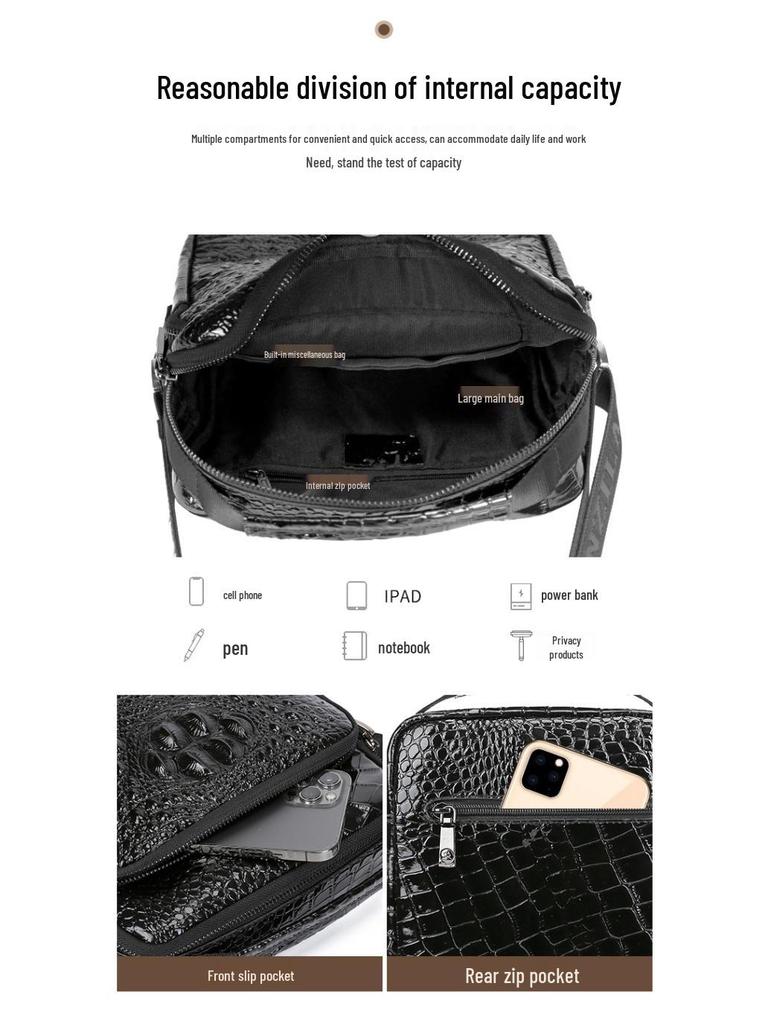 Crocodile Pattern Mens Shoulder Bag In Genuine Top Layer Cowhide Leather - High-End Quality, Versatile for Business and Casual Commute