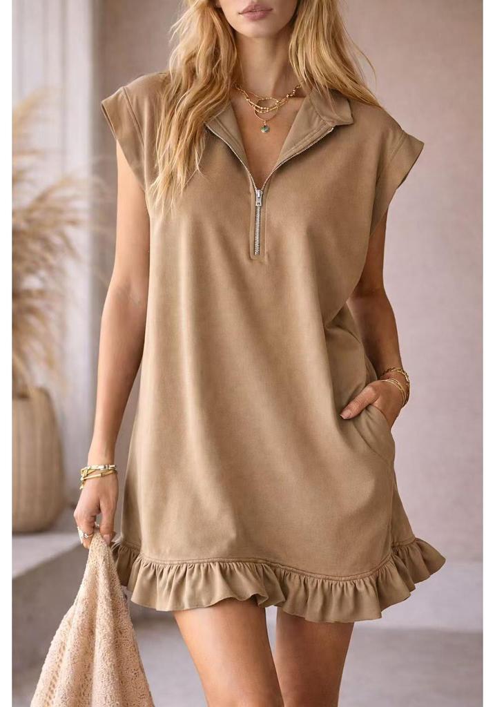 2026 Spring/Summer Women's Sleeveless V-Neck Dress with Double Pockets and Ruffle A-Line Skirt