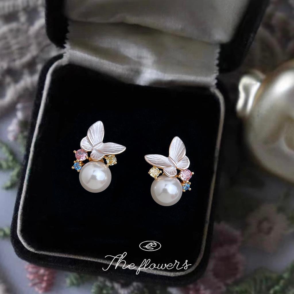 Fresh and sweet micro-colored zircon glass explosion pearl butterfly earrings summer new earrings jewelry