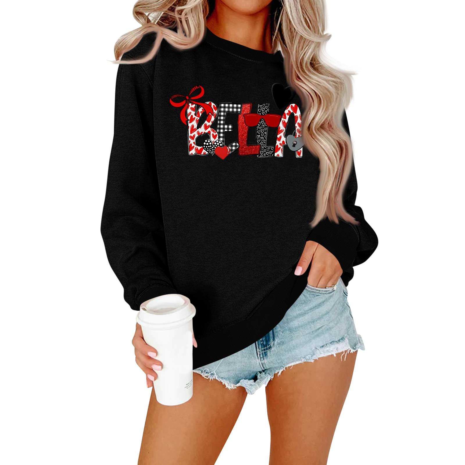 Женская модная повседневная толстовка с длинными рукавами и круглым вырезом с принтом ко Дню святого Валентина L чёрный 1613₽