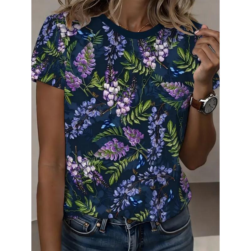 Moda Donna Girocollo Manica Corta Stampa Floreale 3D T-shirt a Manica Corta Girocollo con Fiori Colorati