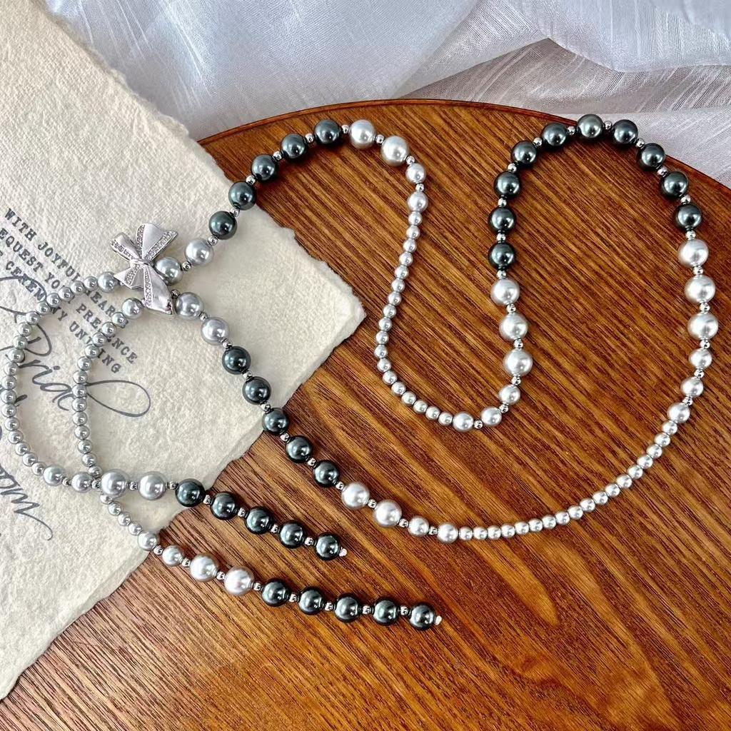 Retro Romantic Tassel Gradual Change Atmosphere Artificial Imitation Australian White Pearl Sweater Chain Necklace Collarbone Chain