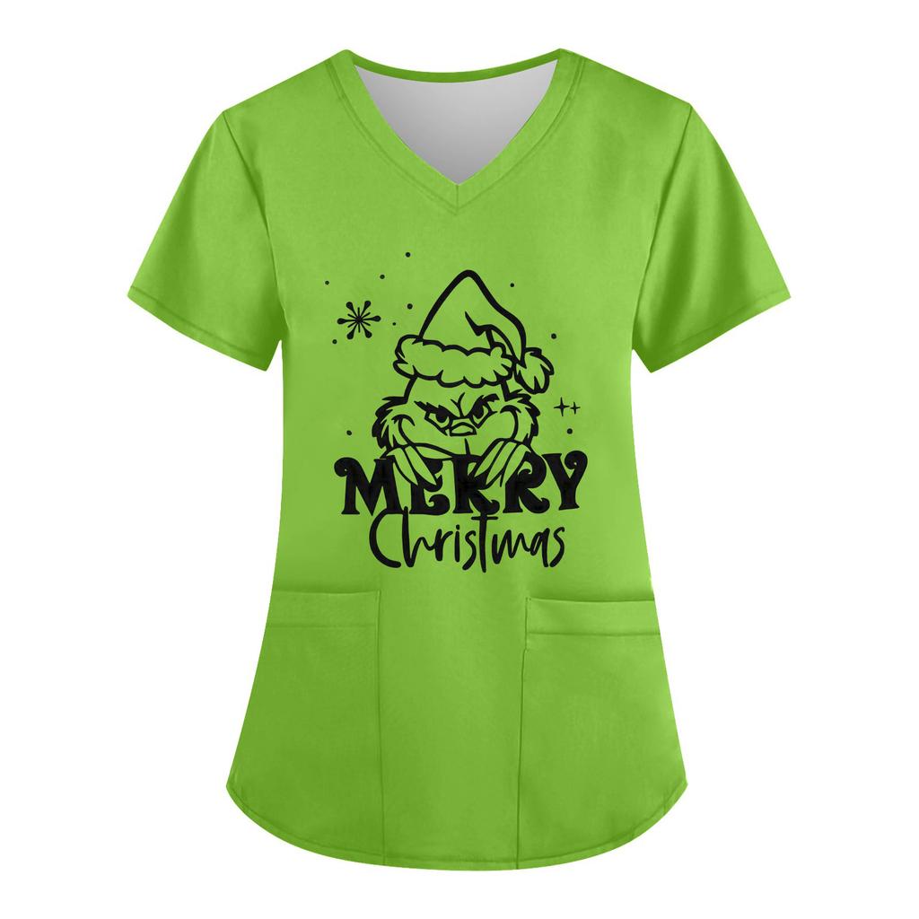 Women's V-neck Christmas Print Short-sleeved Pocket Side Slit Uniform Top