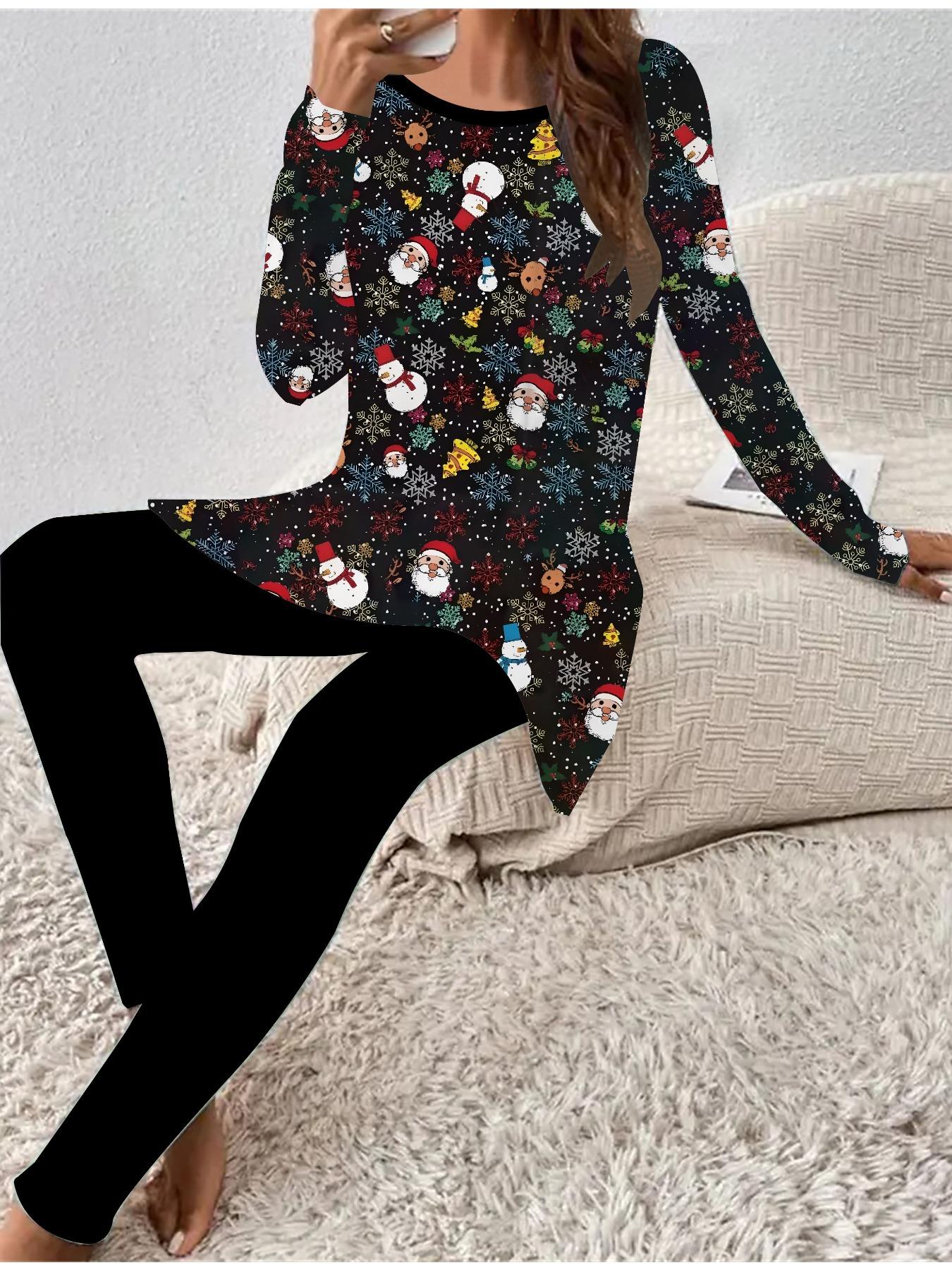 

Euro-American Fashion 3D Christmas Printed Women s Four-season Long-sleeved T-shirt + Long Pants Two-piece Set. Perfect Gift for New Year & Christmas 1XL