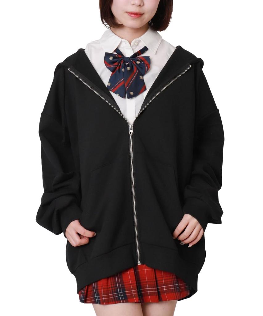 WEGO Big Zip Loose Plus Size Long for High School and Perfect for and Fall and Winter F Type Black Women's Hoodie, Fit, Sweatshirt, Sleeve, Students,