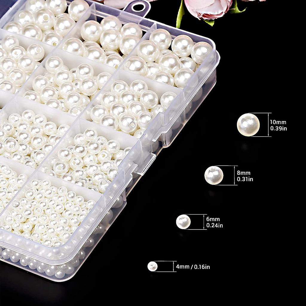 1320Pcs Pearl Beads for Jewelry Making 4/6/8/10mm Round Pearls for Bracelets Making Kit for Bracelet Necklace DIY Decoration