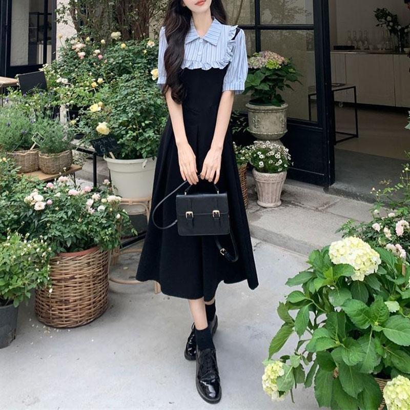 Preppy Style Polo-Neck Midi Dress Female Clothing Fake Two Pieces Summer A-Line Waist Fashion Ruffles Spliced Striped Dresses