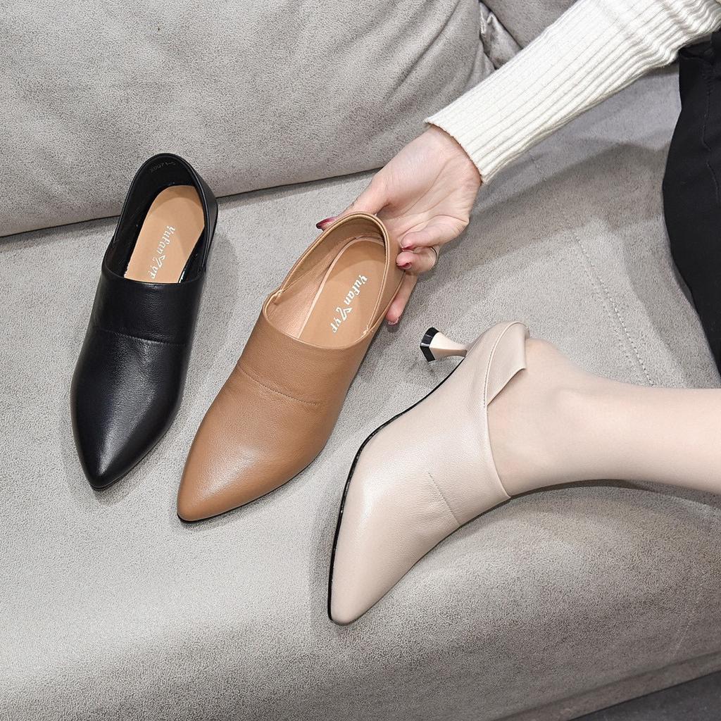 Pointed High Heels Women's Shoes 2025 Spring New European and American Style First Layer Cowhide Deep Mouth Fashion Shoes Thin Heel Two Shoes