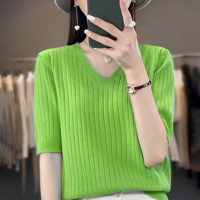 Women's Sweater Spring Summer Short Sleeve V-neck Knit Shirt Casual Korean Pullovers Stripe Bottoming Shirt Slim Fit Jumpers