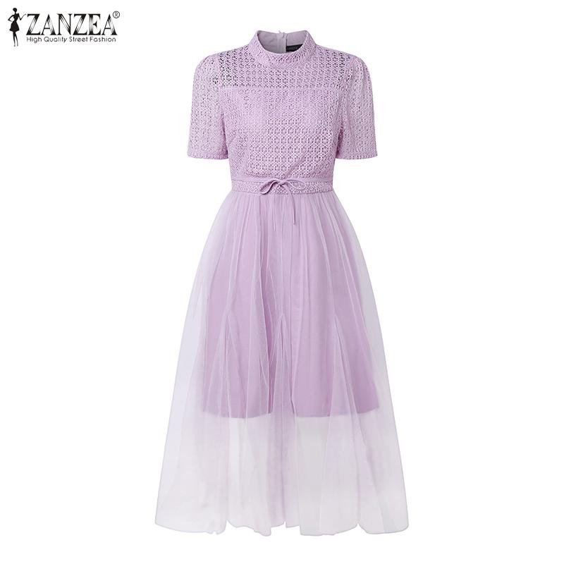 ZANZEA Women Turtleneck Casual Mesh Splice Summer Short Sleeve Dress