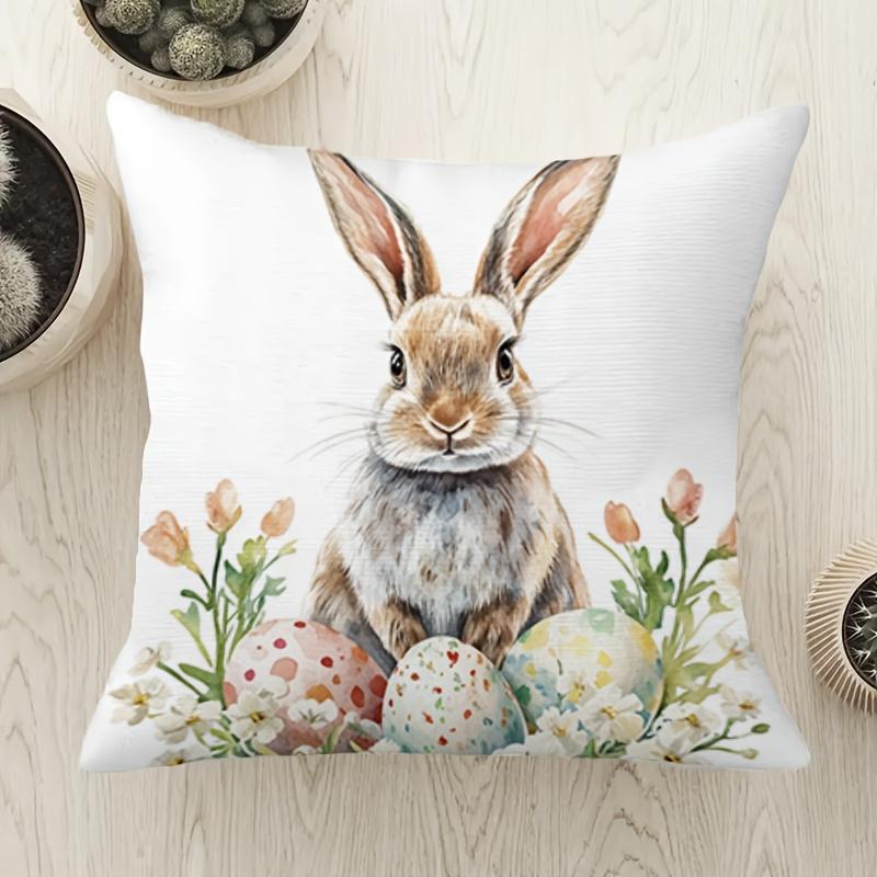 Easter Bunny With Eggs Pillow Cover 2D Printed Polyester Sofa Cushion Case – Spring Holiday Decor For Home 40X40Cm