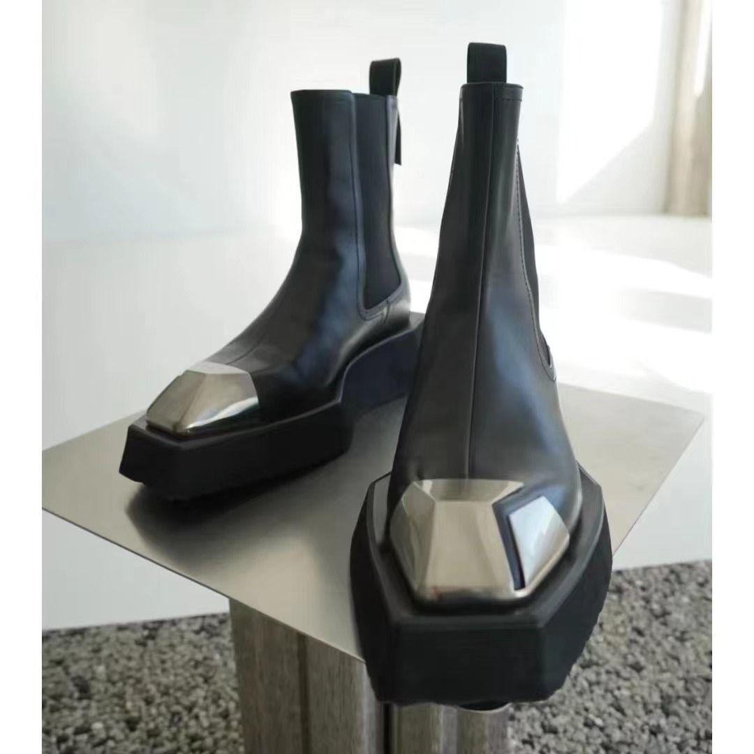 

Мода 2025 Новые Металлический Квадратный Носок Платформа Платформа Челси Ботинки Показывать Тонкие Черные Короткие Ботинки Женские Британский Фан Автомобильные Ботинки 40 чёрный