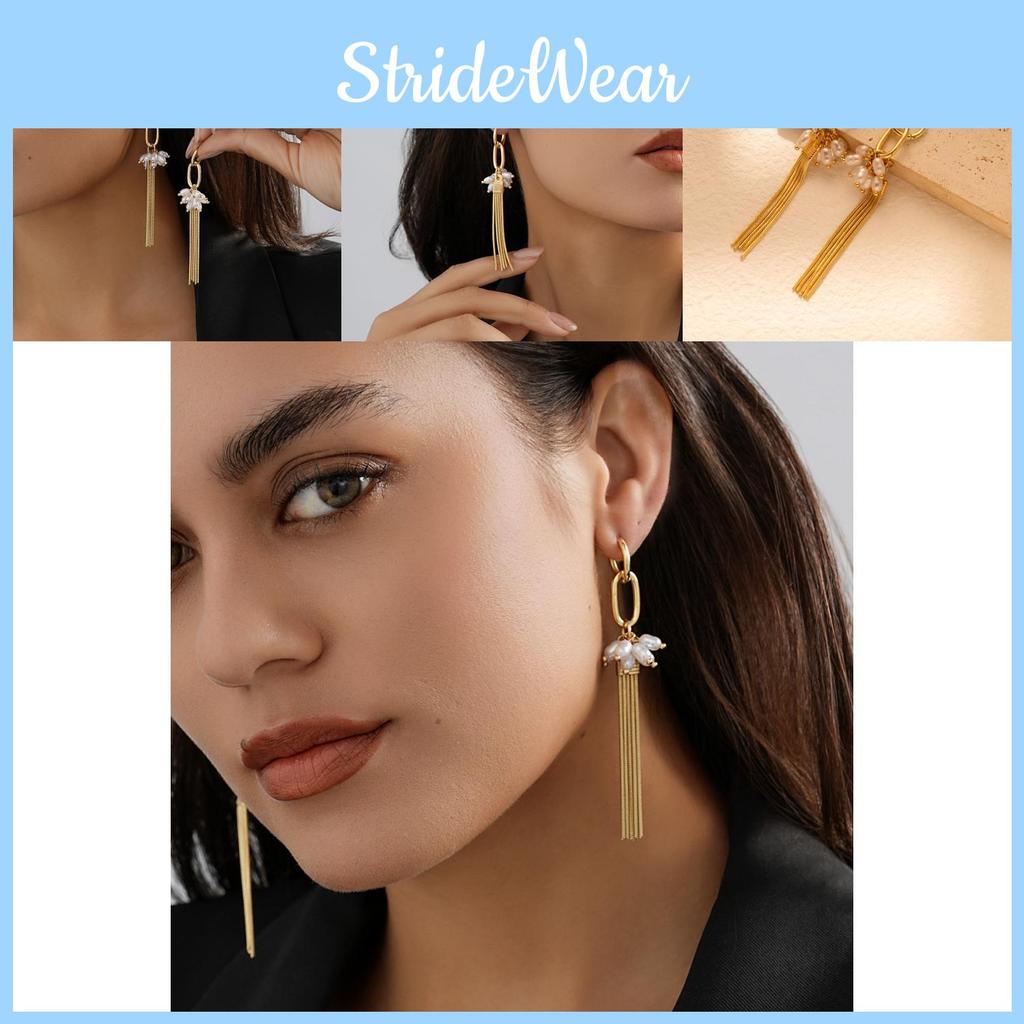 Geometric Tassel Modern Earrings For Women Simple Pearl Gold Design