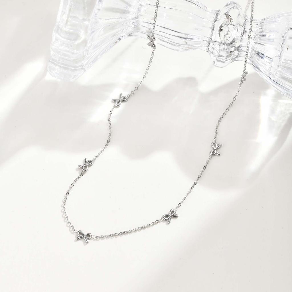 Minimalist Stainless Steel Necklace with 7 Bowkonts,Waterproof Flat Rolo Chain Bow Necklaces,Classic Jewelry Gift