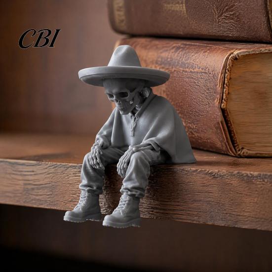 3D Printed Resin Statues Sitting Skeleton Shelf Sitter Figurine, Gothic Hat Desktop Modern Minimalist Statue Ornament, Trendy Home Table Edge