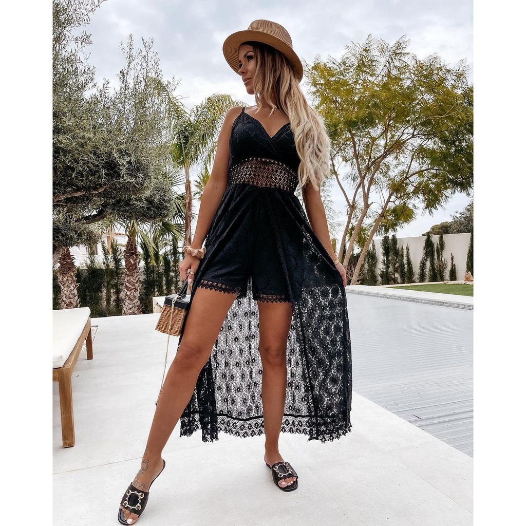 Women's V Neck Spaghetti Strap Lace Romper High Slit Beach Vacation Jumpsuit