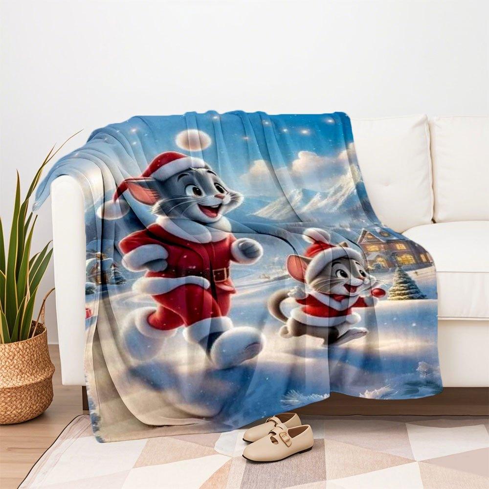 Christmas Tom and Jerry Santa Claus Snowscape Wall Art PrintBlanket Flannel Throw Blanket for Sofa, Bed, Travel, Camping, Office